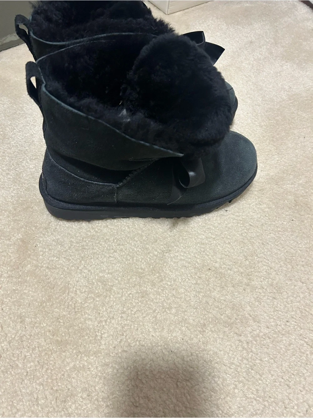 UGG Black Suede Ankle Boots with Faux Fur Cuff & Satin Bow